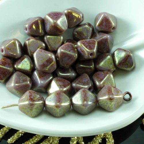 30pcs picasso or lustre violet tchèque en verre à facettes bicone perles pyramide écarteur 8mm x 6mm sku-26184