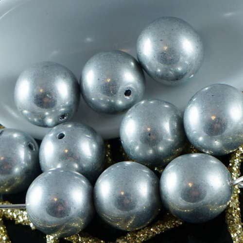 Metallic silver verre tchèque perles rondes en 9mm 10pcs sku-18481