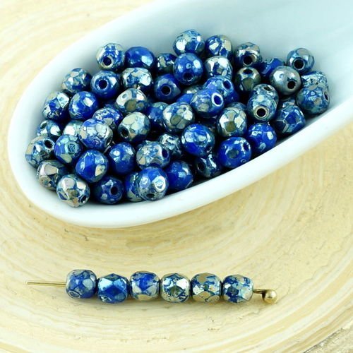 100pcs argent picasso bleu opaque ronde à facettes feu poli verre tchèque perles de petit écarteur 3 sku-28688