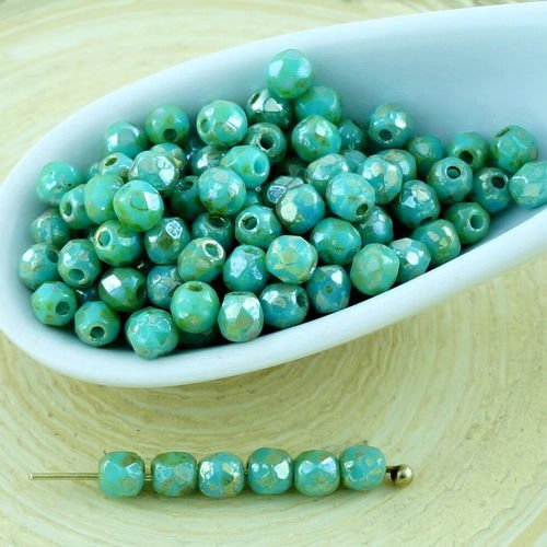 100pcs argent picasso opaque bleu turquoise ronde à facettes feu poli verre tchèque perles de petit  sku-28691
