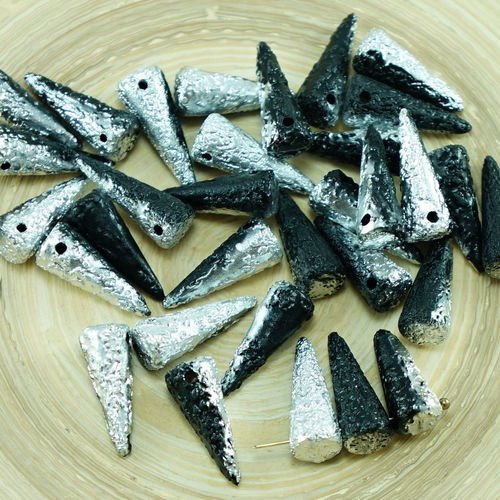 14pcs noir argent demi rustique gravé grande pointe du cône de chute de verre tchèque perles de 7 mm sku-27378