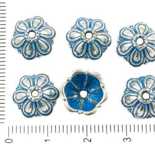 14pcs antique ton argent bleu patine laver grosse perle pompon bouchon de fleur floral rond tchèque  sku-36515