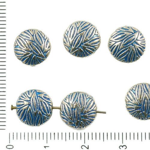 10pcs antique ton argent bleu patine de lavage à plat monnaie rond de feuille floral sculpté perles  sku-36708