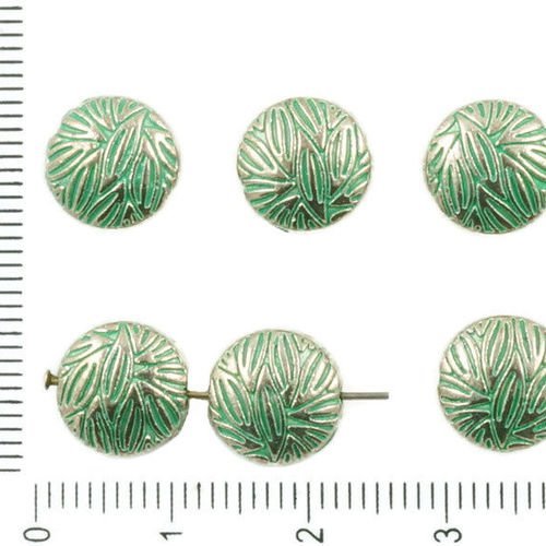 10pcs antique ton argent turquoise vert patine de lavage à plat monnaie rond de feuille floral sculp sku-36712