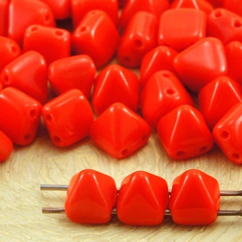 16pcs opaque rouge corail petite pyramide goujon 2 deux trou de verre tchèque perles de 6mm sku-32123