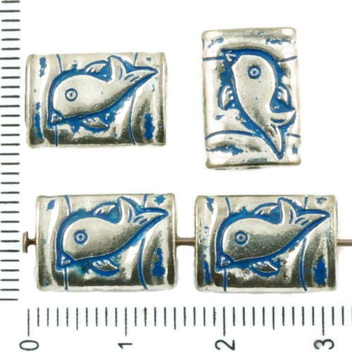 8pcs antique ton argent bleu patine de lavage à plat soufflé rectangle de poisson marin de la mer de sku-36777