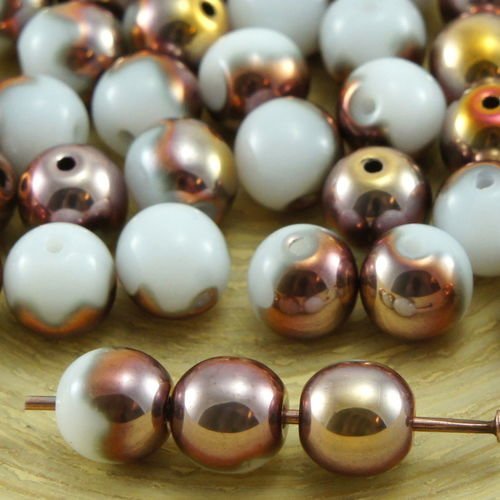 40pcs opaque blanc metallic coucher de soleil bronze demi-tour druk verre tchèque pressé perles de 6 sku-31962