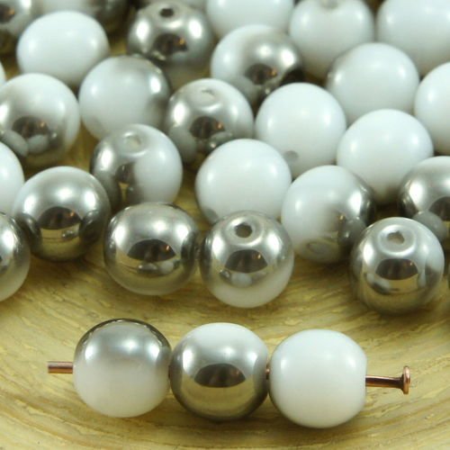 40pcs opaque blanc metallic dark silver demi tour druk verre tchèque pressé perles de 6mm sku-31963