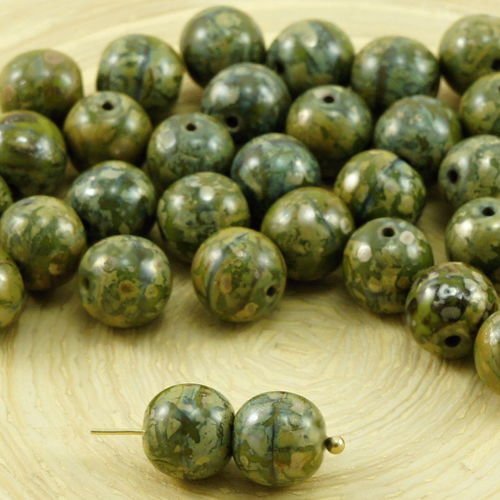 20pcs picasso argent opaque vert olive ronde druk verre tchèque pressé perles de 8mm sku-31984