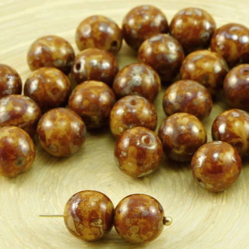 20pcs picasso argent marron ivoire opaque brun rond druk verre tchèque pressé perles de 8mm sku-31987