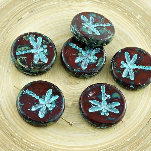 4pcs picasso foncé rouge corail travertin turquoise laver rustique libellule plat pièce ronde verre  sku-30407