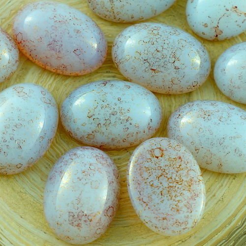4pcs picasso en terre cuite rouge blanc opale ovale bombé verre tchèque cabochon 18mm x 13mm sku-30647