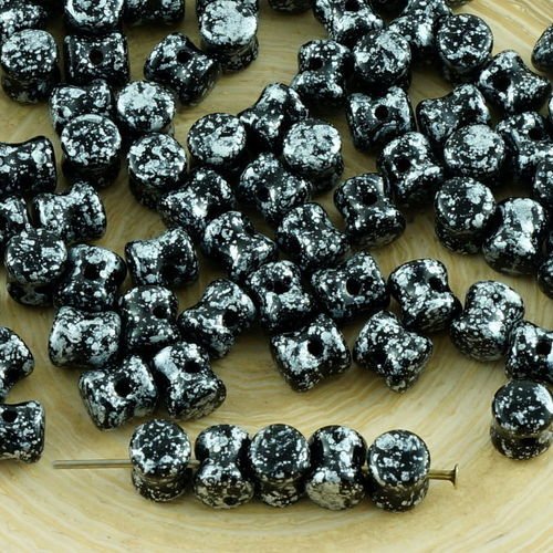 60pcs opaque jet de granit noir argent tweedy patine repéré pellet tchèque perles de verre preciosa  sku-31292