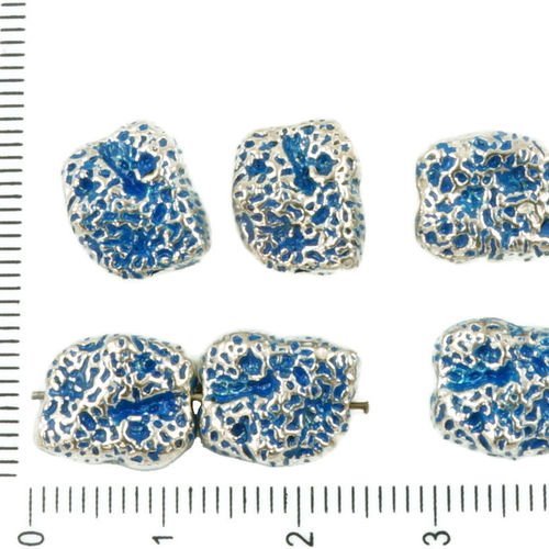 6pcs antique ton argent bleu patine laver les pépites de pointillés en pierre de lave imitation de p sku-36827