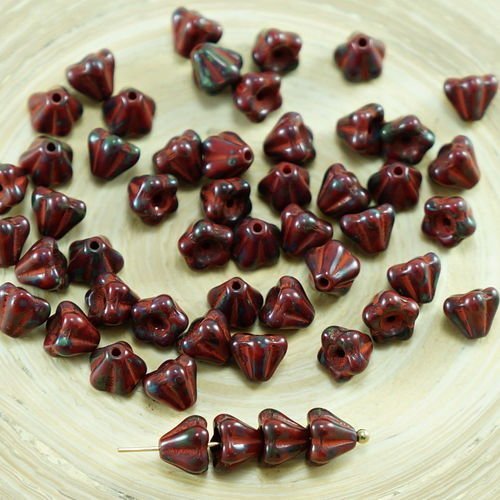 40pcs picasso opaque rouge corail verre tchèque petite cloche de fleurs de perles de 4 mm x 6 mm sku-27075