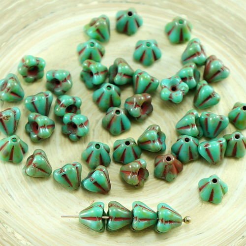 40pcs picasso turquoise vert verre tchèque petite cloche de fleurs de perles de 4 mm x 6 mm sku-27076