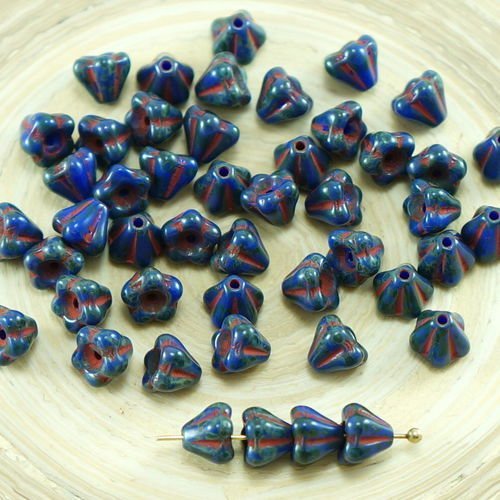 40pcs picasso bleu opaque verre tchèque petite cloche de fleurs de perles de 4 mm x 6 mm sku-27078