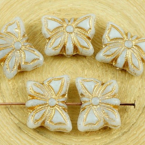 8pcs opaque blanc albâtre or patine laver le verre tchèque papillon perles 14mm x 11mm sku-35769