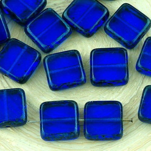 10pcs picasso brun cristal bleu saphir de taille de table carré plat en verre tchèque perles de 10mm sku-32513