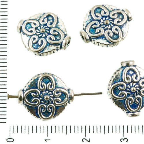 6pcs antique ton argent bleu patine de lavage à plat rond tube lanterne fleur de perles de deux face sku-36792