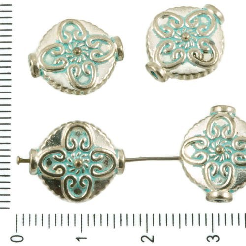 6pcs antique ton argent bleu turquoise patine de lavage à plat rond tube lanterne fleur de perles de sku-36795