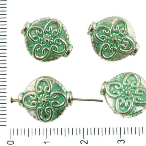 6pcs antique ton argent turquoise vert patine de lavage à plat rond tube lanterne fleur de perles de sku-36796