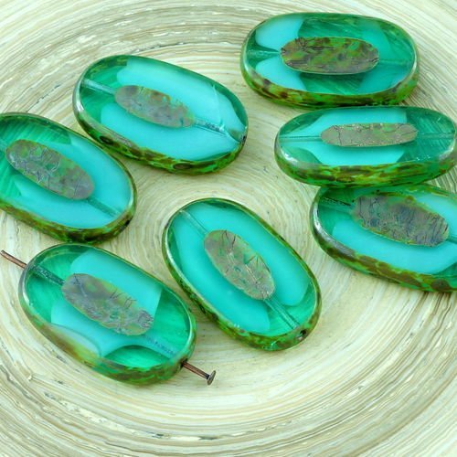 2pcs picasso cristal rayé de la mer d'opale pierre de lune turquoise ovale et plate de la table de c sku-28608