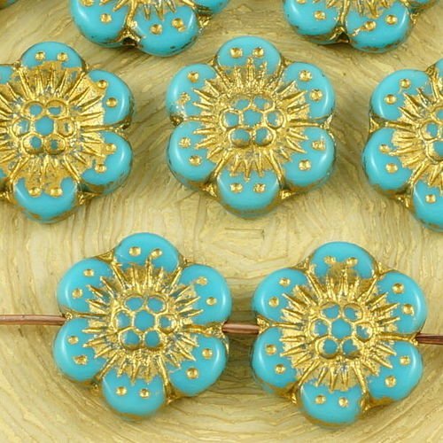 10pcs opaque bleu turquoise or patine de lavage à plat monnaie rond anémone fleur de soleil focal pe sku-35811