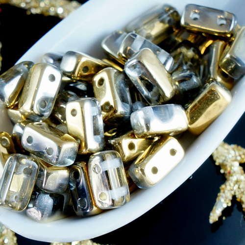 60pcs cristal d'or de la moitié des briques de verre tchèque perles de deux trous de 3mm x 6mm sku-19265