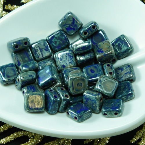 40pcs picasso bleu opaque travertin sombre tchèque tuile de deux 2 dans le trou carré de perles de v sku-26235