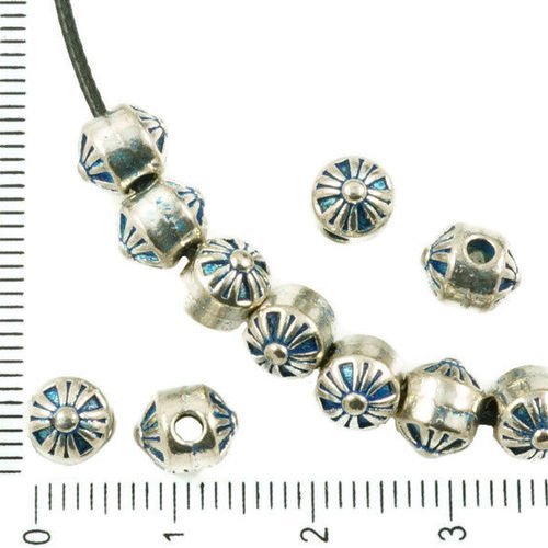 16pcs antique ton argent bleu patine laver ronde fleur rayée cône cylindre perles charmes des deux c sku-36995