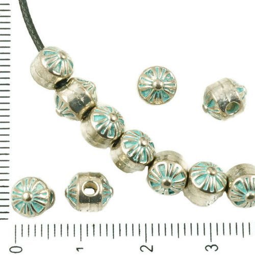 16pcs antique ton argent bleu turquoise patine laver ronde fleur rayée cône cylindre perles charmes  sku-36998