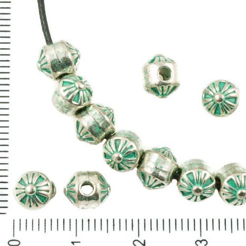 16pcs antique ton argent turquoise patine verte laver ronde fleur rayée cône cylindre perles charmes sku-36999