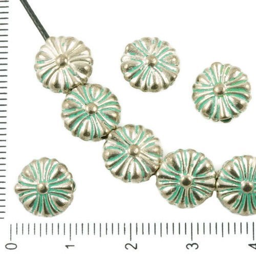 10pcs antique ton argent turquoise patine verte laver daisy fleur floral plat ronde perles de charme sku-37014