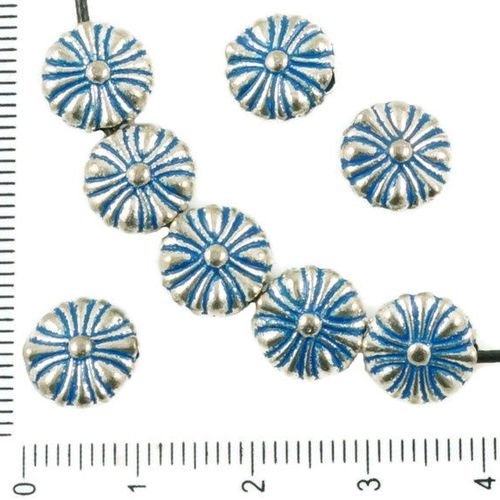 10pcs antique ton argent bleu patine laver daisy fleur floral plat ronde perles de charmes tchèque m sku-36533