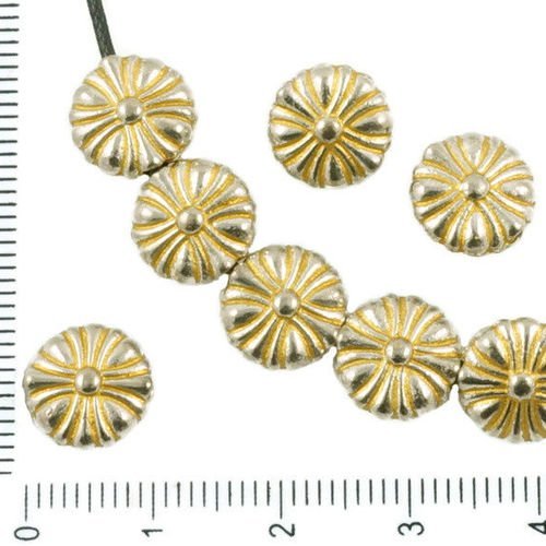 10pcs antique ton argent mat or patine laver daisy fleur floral plat ronde perles de charmes tchèque sku-36535