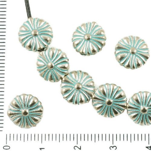 10pcs antique ton argent bleu turquoise patine laver daisy fleur floral plat ronde perles de charmes sku-36536