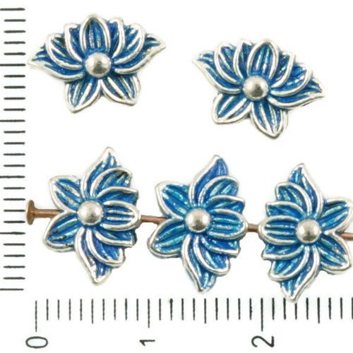 14pcs antique ton argent bleu patine laver fleur de lotus floral perles breloques pendentifs tchèque sku-37114