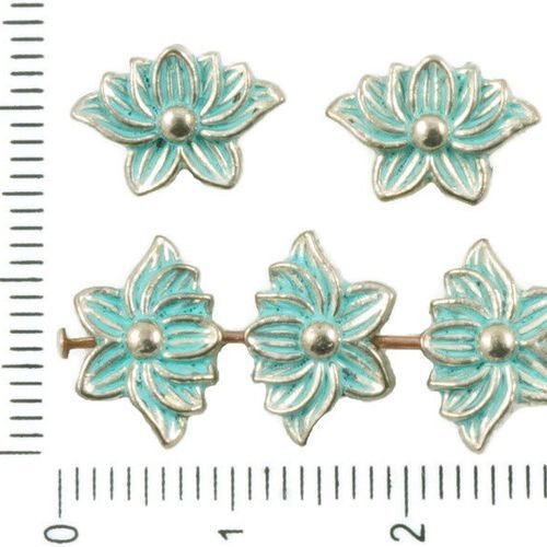 14pcs antique ton argent bleu turquoise patine laver fleur de lotus floral perles breloques pendenti sku-37117