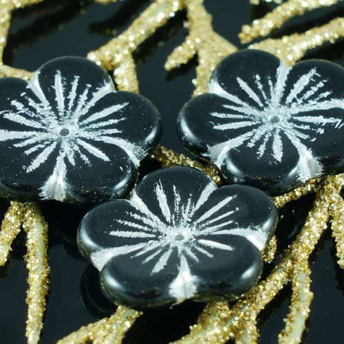 Grand opaque noir argent verre tchèque plat fleur perles halloween 20mm 4pcs sku-18247