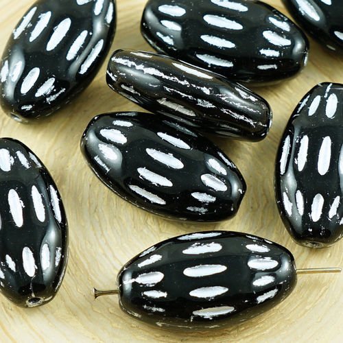 6pcs opaque noir argent de lavage à plat ovale sculpté rayé tribu tchèque perles de verre 20mm x 11m sku-37758