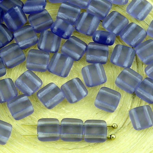 40pcs mat cristal violet foncé indigo dépoli tuile plate carrée 2 deux trou de verre tchèque perles  sku-32235