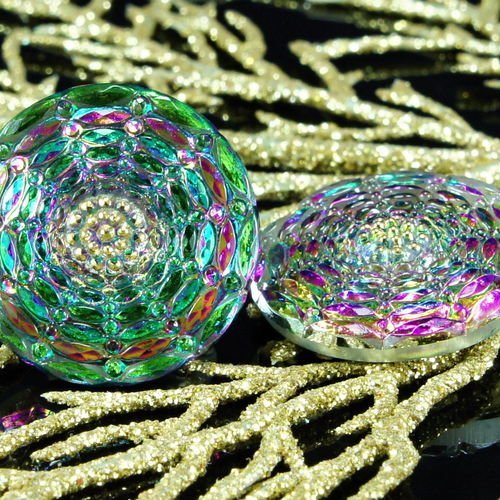 1pc à la main le verre tchèque gros bouton vert violet dichroïque vitrail fleur en or soleil cercles sku-26263