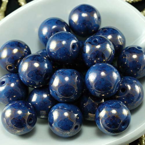 Opaque bleu royal en bronze de travertin verre tchèque perles rondes 10mm 10pcs sku-21714