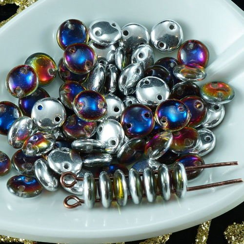 60pcs cristal d'argent dichroïque vitrail demi-verre tchèque 2 trou de lentilles de perles rondes pl sku-26085