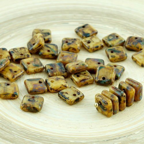 30pcs picasso ivoire brun plat carré paillettes squarelet un trou puces perle en verre tchèque 6mm x sku-28646