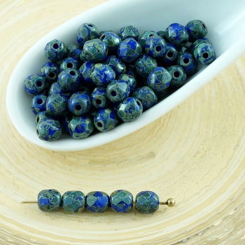 100pcs picasso opaque bleu rond en verre tchèque perles à facettes feu poli petite entretoise de 4mm sku-28679