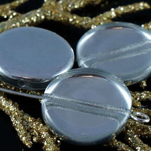 Metallic silver tchèque grand plat rond de pièce de monnaie de perles de verre 16mm 4pcs sku-18487