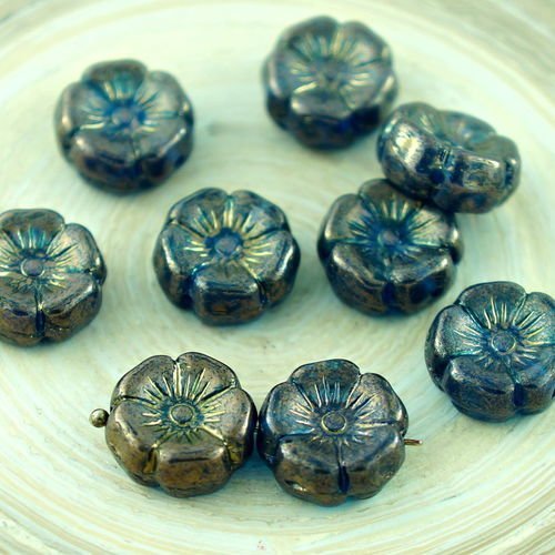 10pcs rustique picasso bleu bronze verre tchèque plat sculpté fleur hawaïenne perles de pièce de mon sku-28767