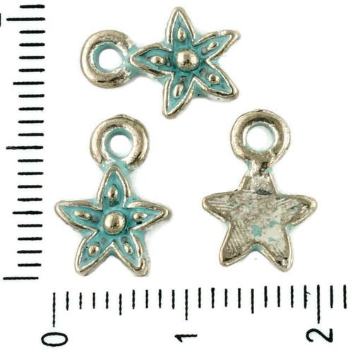 20pcs tchèque bleu turquoise patine antique ton argent petite fleur étoile floral charmes métal conc sku-34031